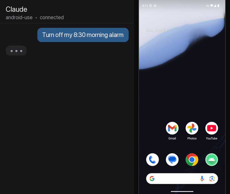 Claude reading an Android phone's screen and turning off an alarm by tapping the element by index
